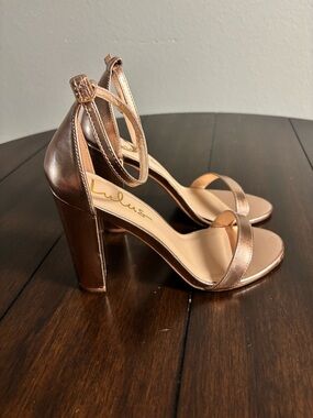 Lulu's Rose Gold Ankle Strap Block Heel Sandals 7.5